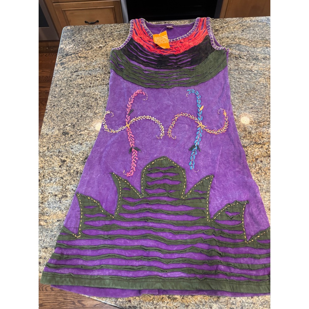 NWT KPC Handmade Purple Acid Wash Embroidered Ruffle‎ Sleeveless Dress XL Nepal